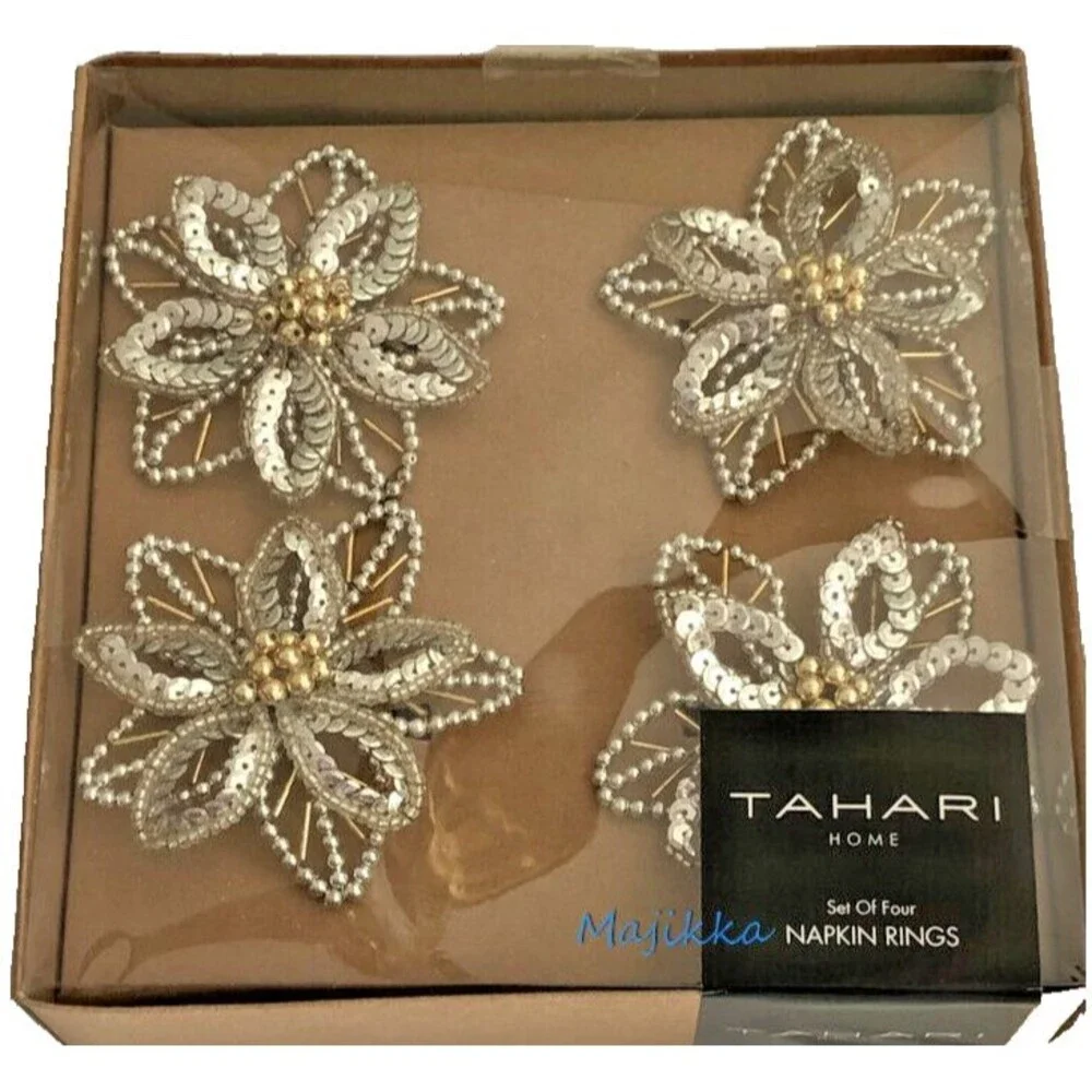 Tahari Poinsettia Flower Napkin Rings Beaded Silver Christmas Holiday Set of 4